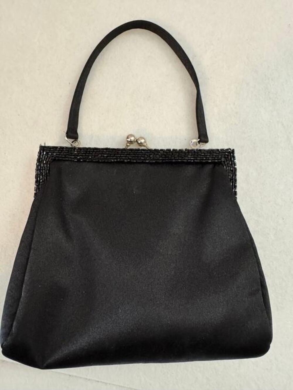 Vintage 50s Black Satin Evening Bag Clutch Beaded Ball Kiss Lock Clasp